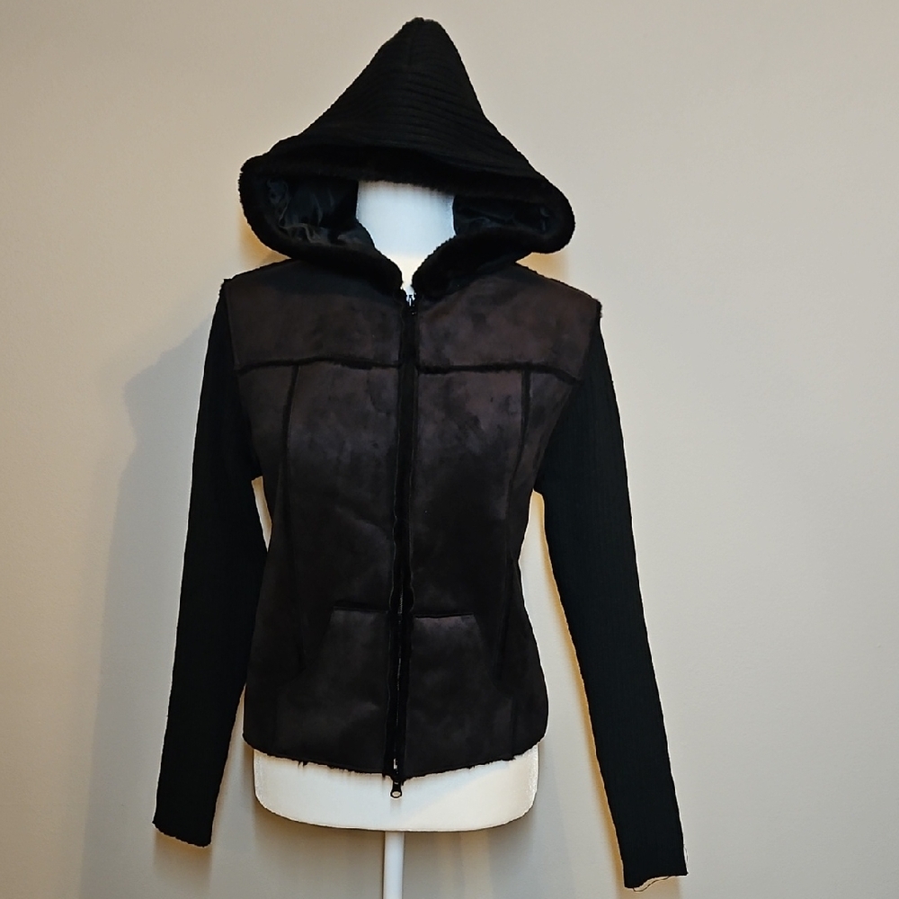 Say What? Black Hooded Sweater Type Jacket Faux Suede Style